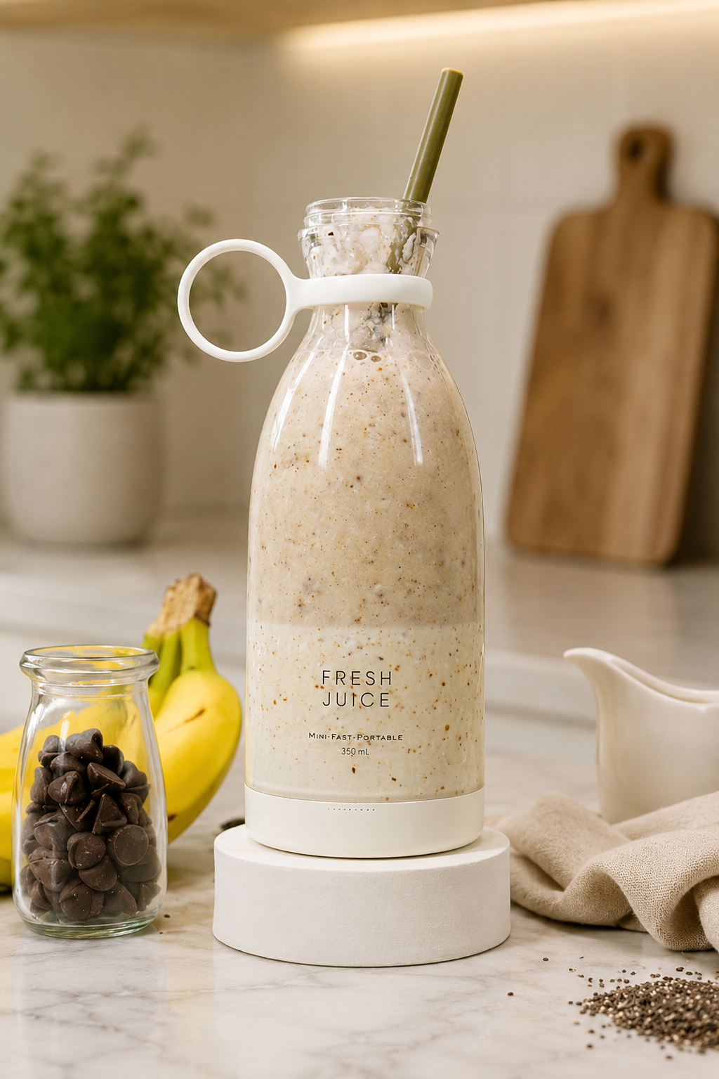 BLENZA fylld med krämig banan- och chokladsmoothie på köksbänk