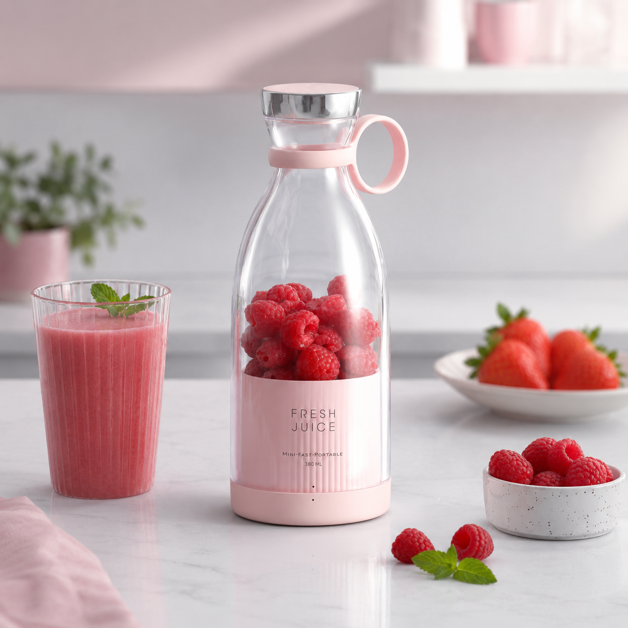 BLENZA fylld med hallon och rosa smoothie